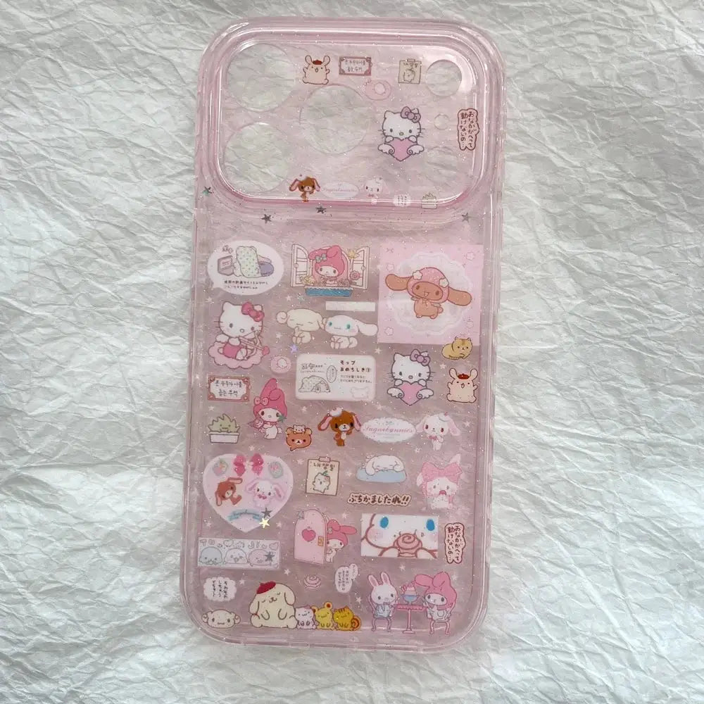 Hello Kitty Melody pink phone case with pendant bracelet for iPhone 14–17 Pro Max, clear back with cute cartoon stickers
