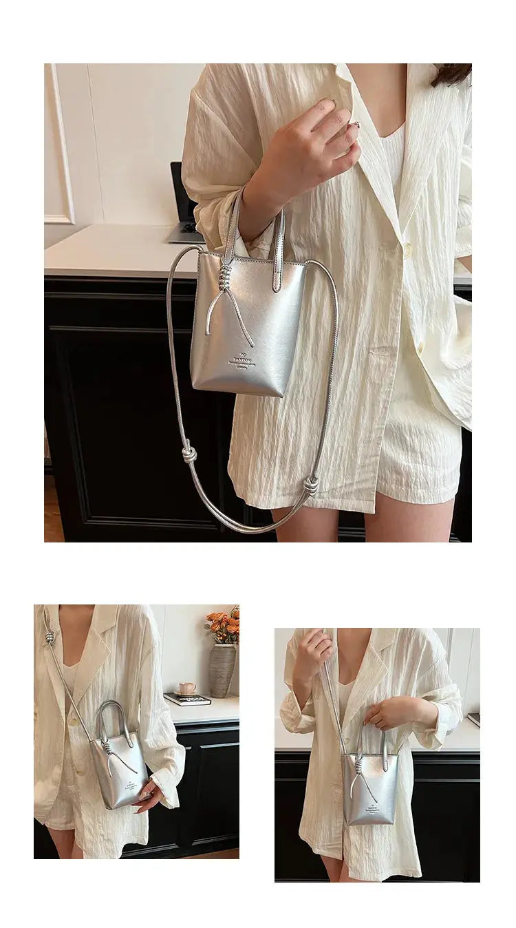 PU leather mini crossbody bag for women, silver metallic, by Simples Market.