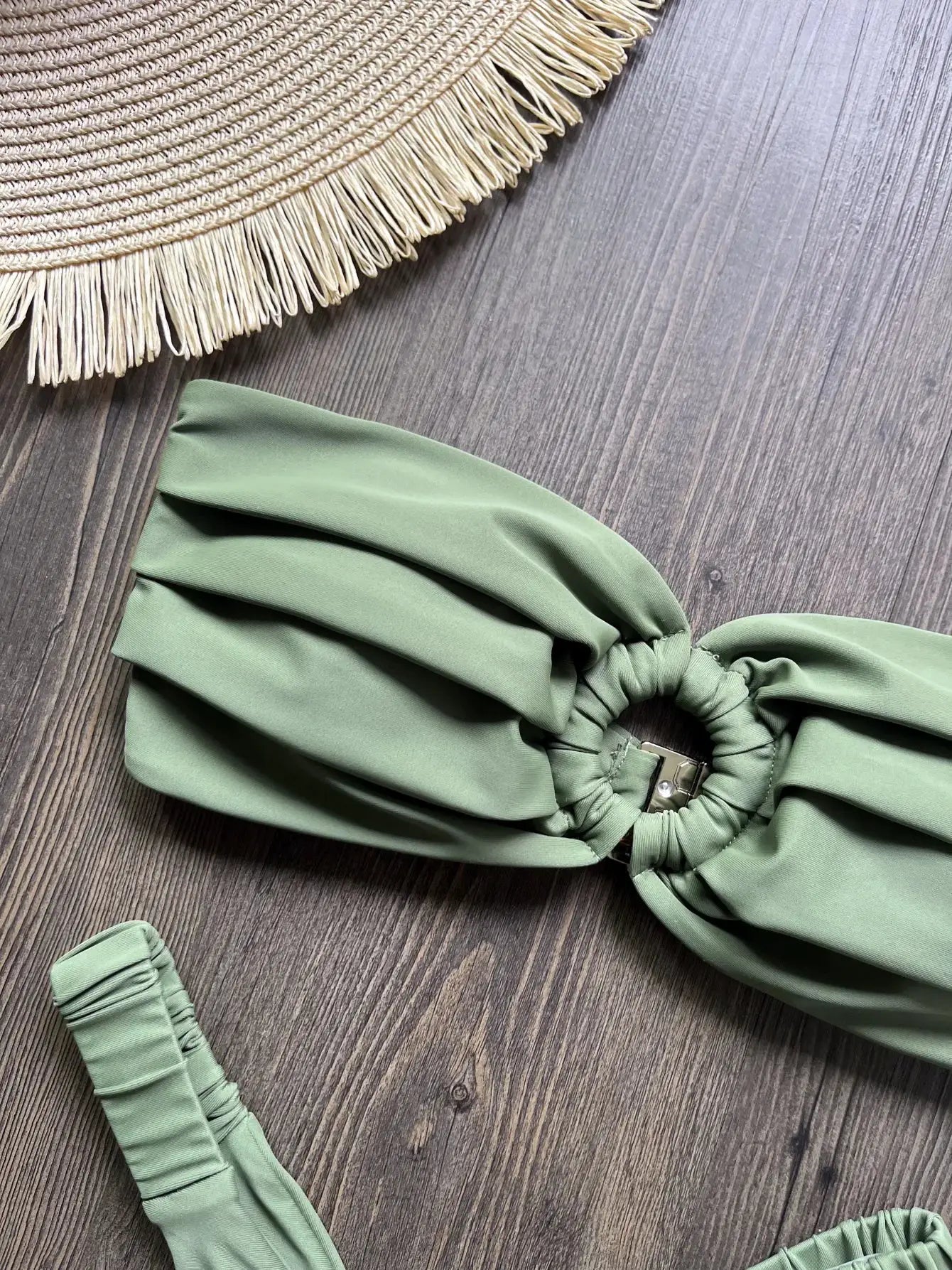 Micro bikini top green by Simples Market with ruched center and metal clasp