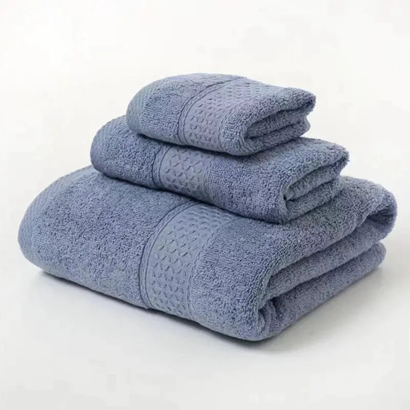 Simples Market 3pc blue cotton towel set: bath towel, hand towel, washcloths; ultra soft, highly absorbent.