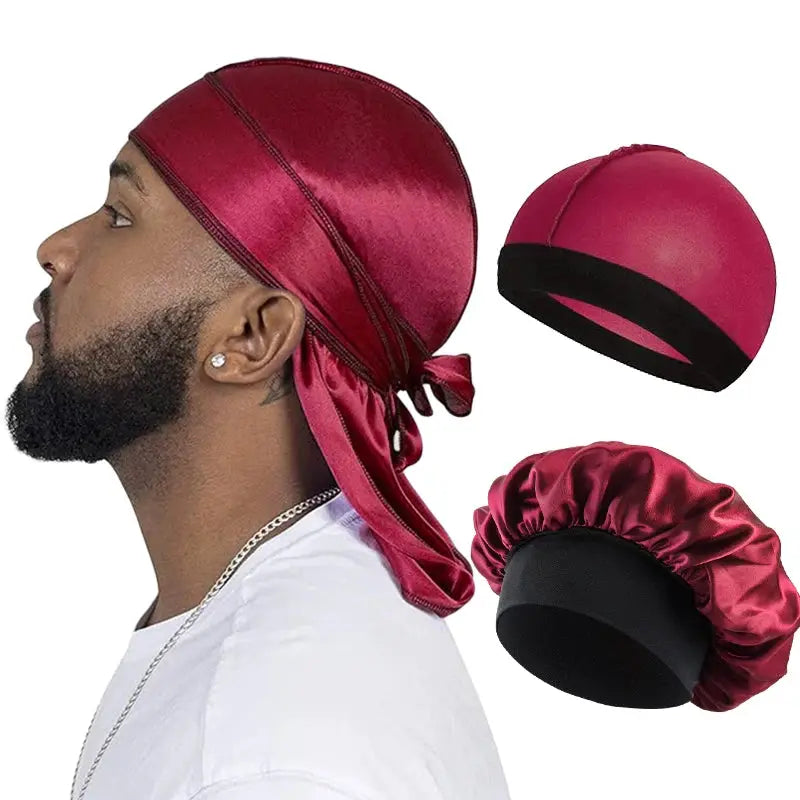 3 Pack Mens Silky Satin Durag Long Tail Pirate Hat Wave Cap Unisex Wig Cap Turban Bonnet Set