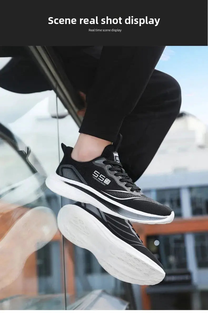 Men's black running shoes with white chunky midsole and gray accents