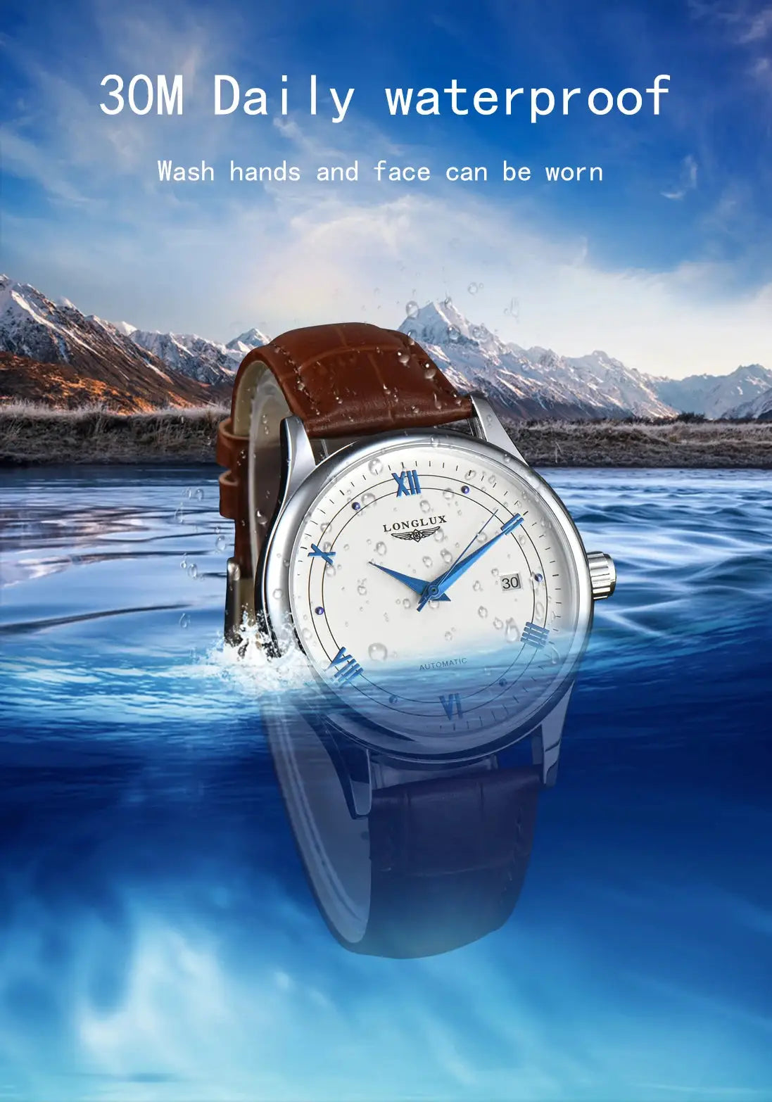 LONGLUX automatic men's watch with brown leather strap, white dial, blue hands, date window, 30m waterproof.