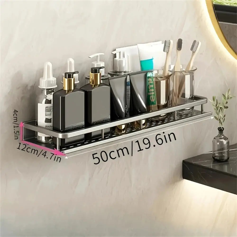 Simples Market multi-functional wall-mounted seasoning rack; holds bottles and tubes, silver metal, 50cm wide.