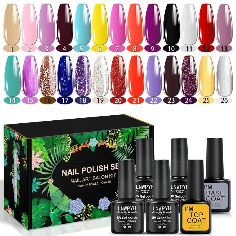 LNWPYH Gel Nail Polish Set by Simples Market: 26-color UV/LED soak-off polishes with base and top coats.