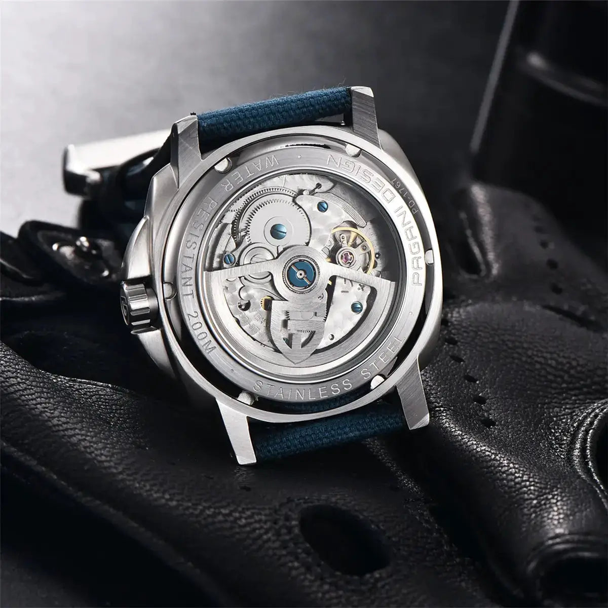 Pagani Design men's automatic watch with exhibition case back, stainless steel case, blue fabric strap