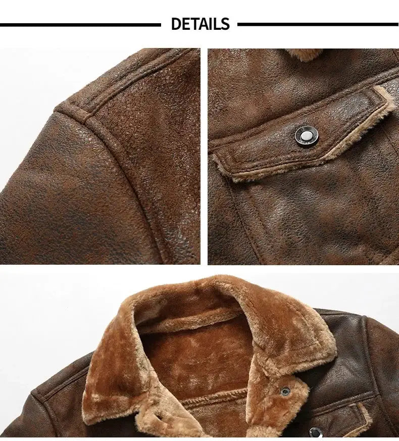 Men's brown leather fur jacket with shearling collar and fleece-lined interior