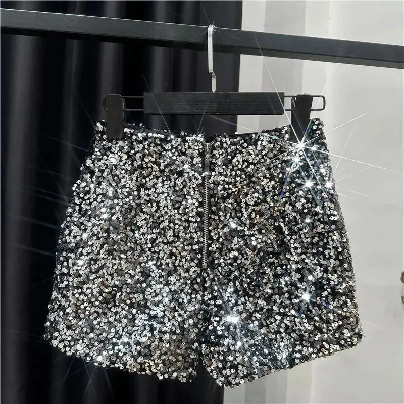 Black velvet sequined shorts for women with shiny silver sequins