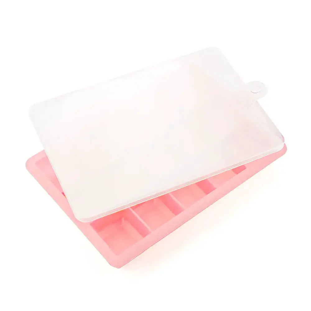 Pink silicone ice cube mold with lid, square 24-grid tray for cocktails and cold drinks