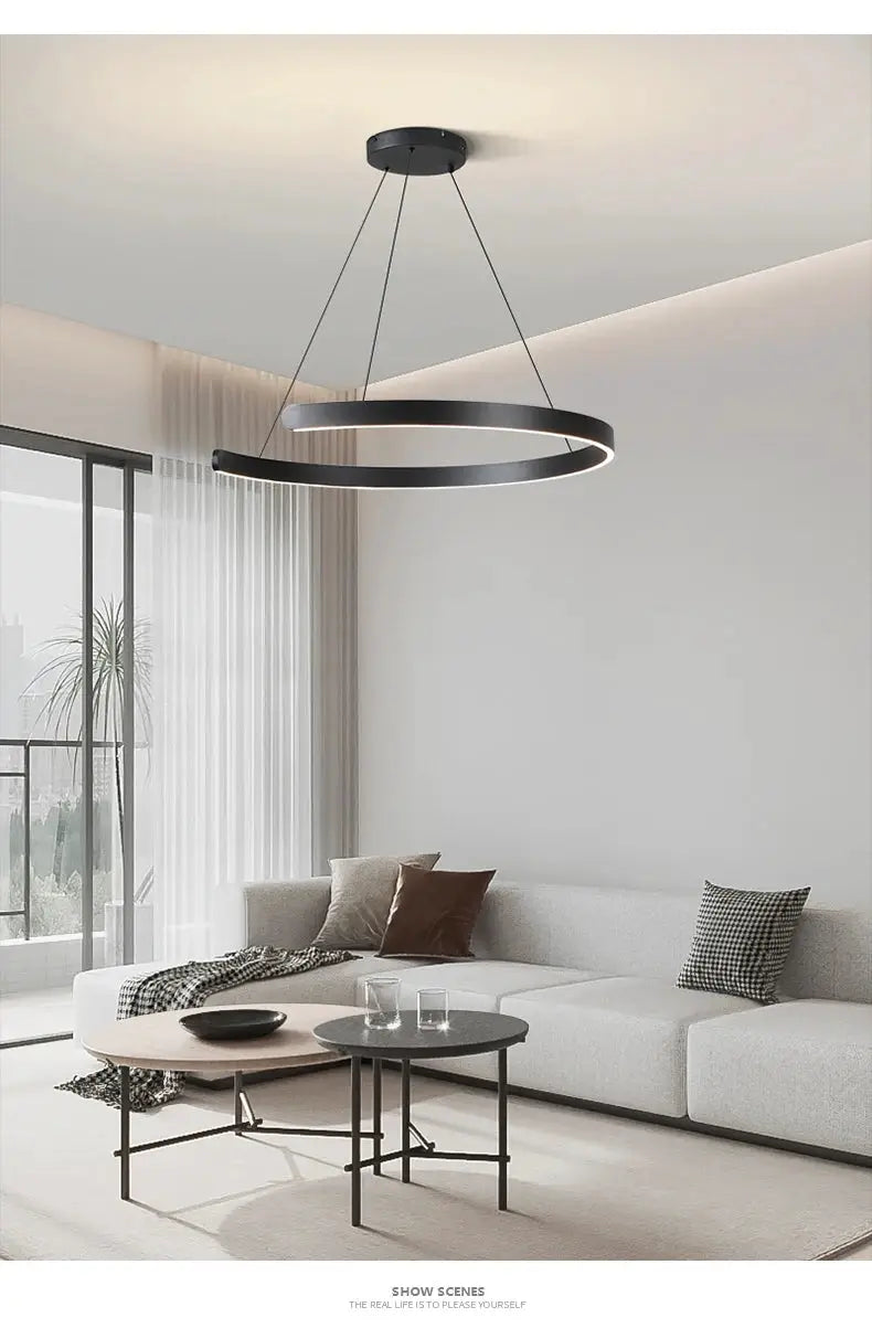 Simples Market Modern Ring Ceiling Chandelier, black circular LED pendant lamp for living and dining spaces