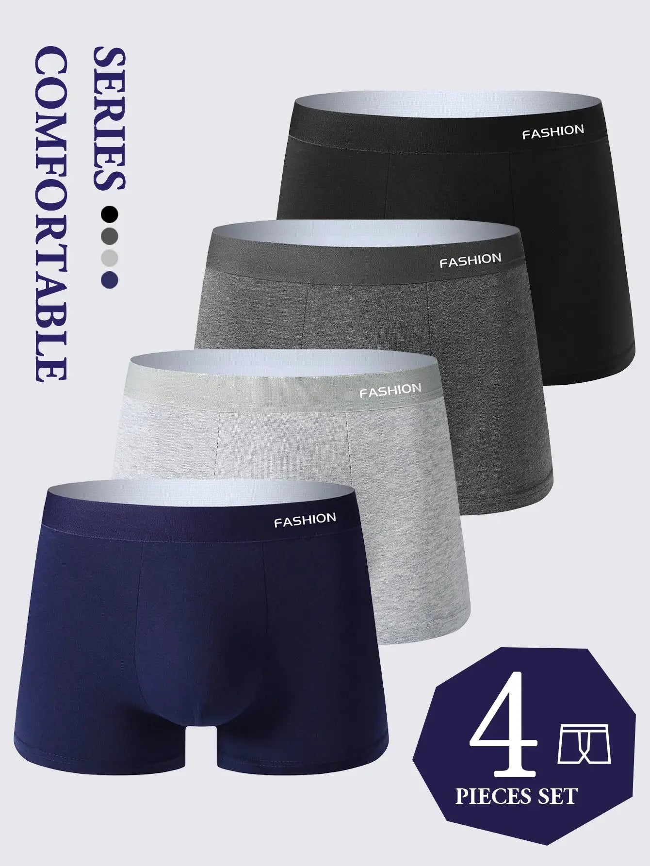 Men's boxer briefs 4-piece set by Simples Market in assorted colors; soft, breathable, stretchy underwear.