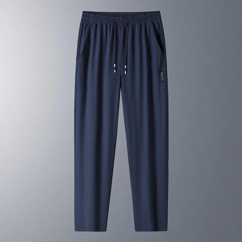 Running pants, navy blue ice-silk fabric, quick-dry lightweight with drawstring