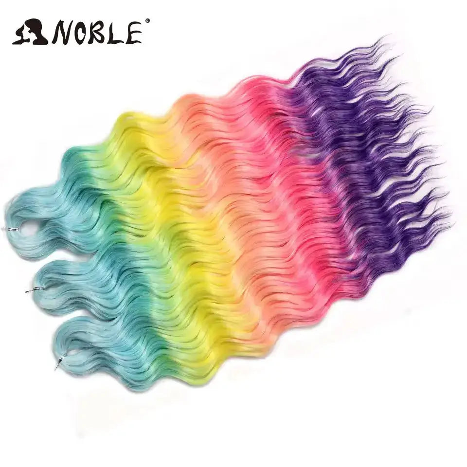 Synthetic braiding extensions by Noble Hair in rainbow ombre water-wave