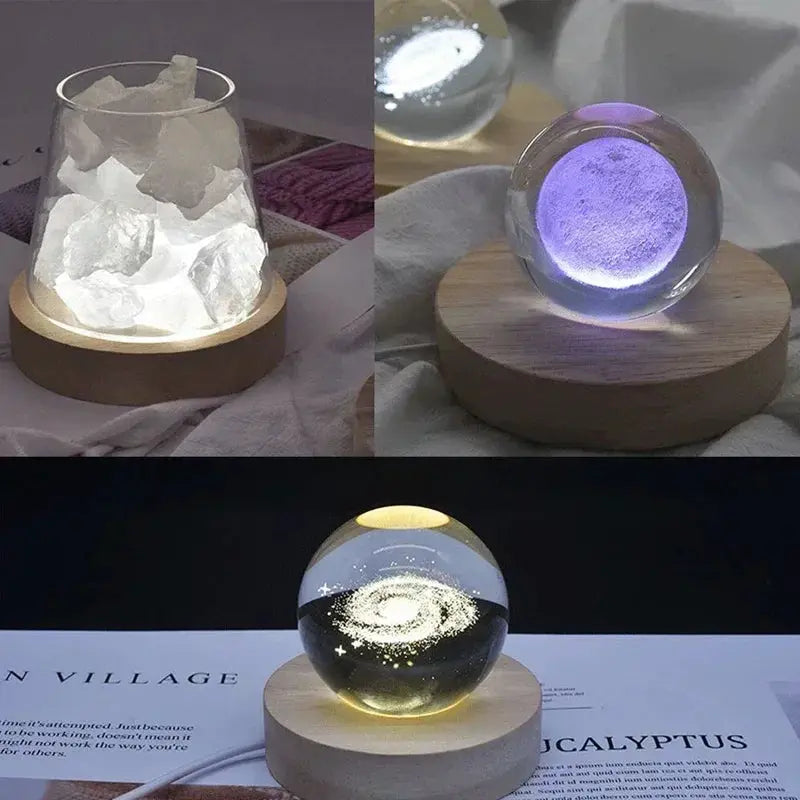 Round wooden LED night light base by Simples Market with glass ball displays (crystal rocks, purple glow, galaxy swirl)