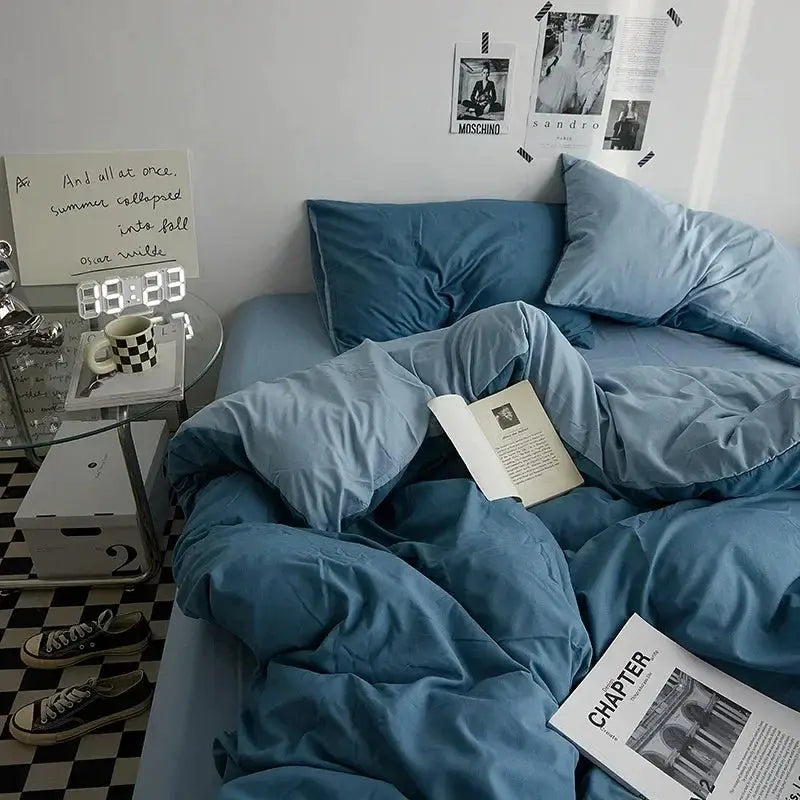 Duvet set, blue solid-color double-washed cotton, Simples Market 4-piece dorm bedding