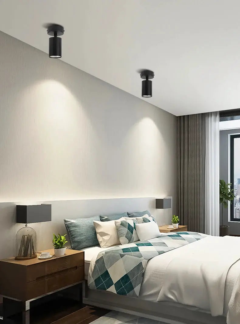 Simples Market LED ceiling spot lamps, black cylindrical GU10 fixtures, pair for bedroom hallway lighting