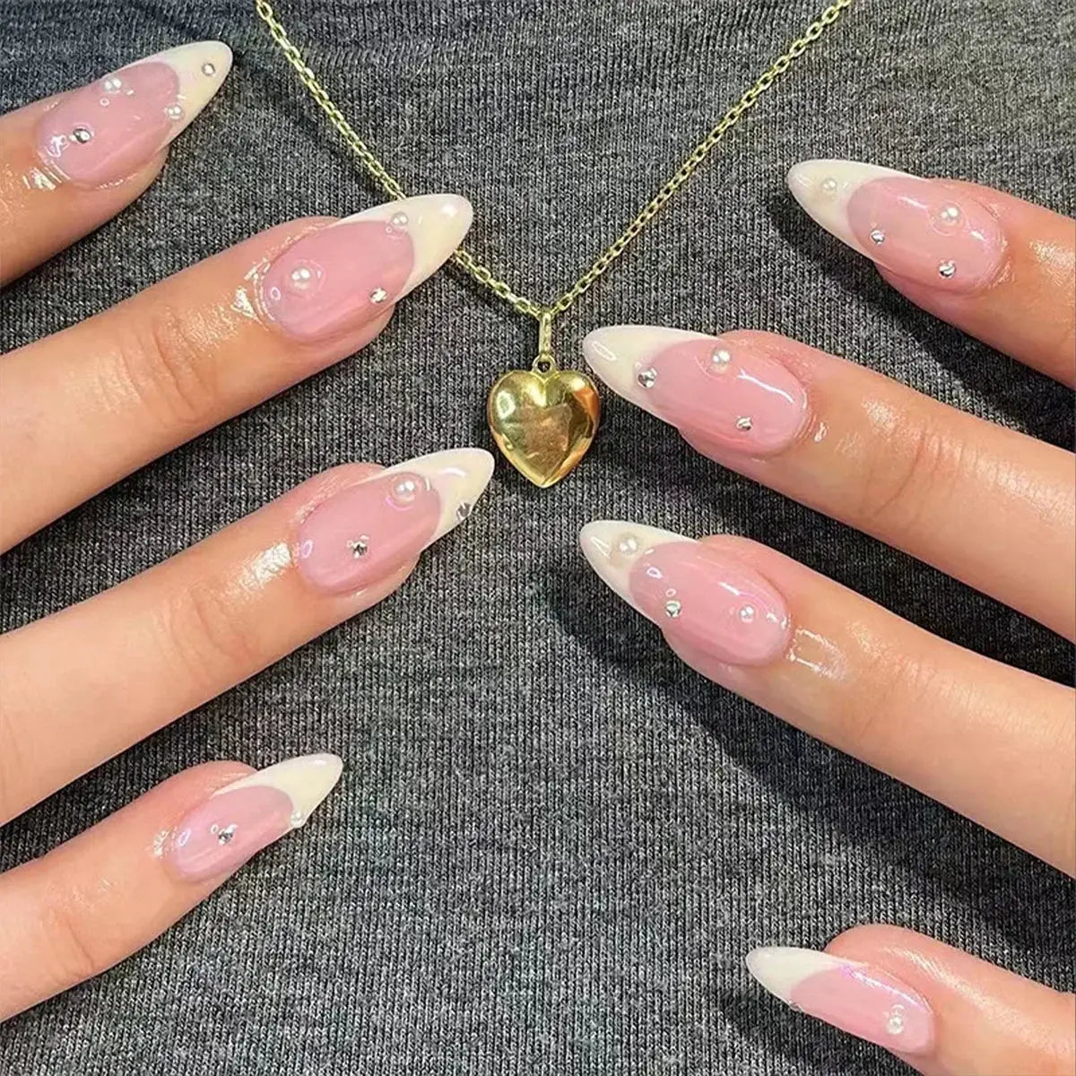 Glamora French Almond False Nails 24 Piece Press On Stiletto Tips With White Edge Design Glue Included For Wearable Glam