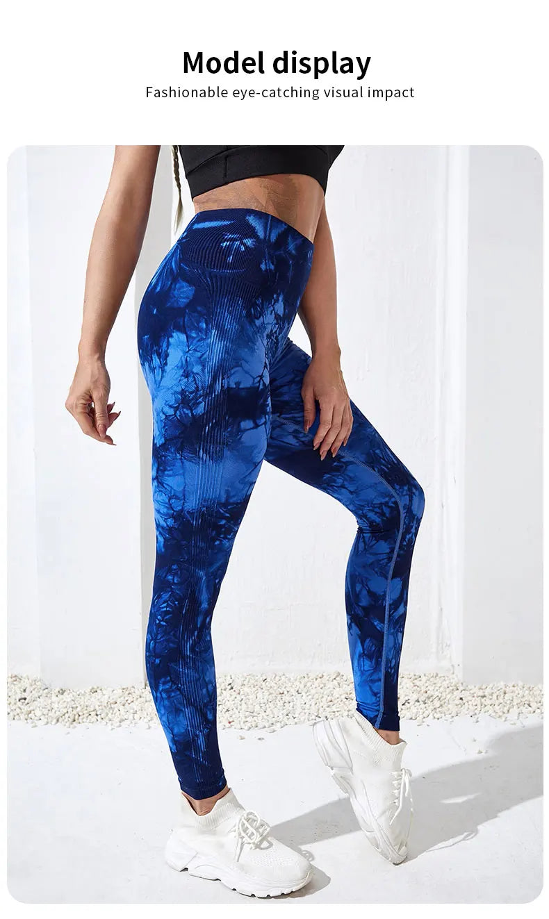 Women's blue tie-dye nine-tenths leggings, high-waist yoga pants, soft, stretchy, breathable