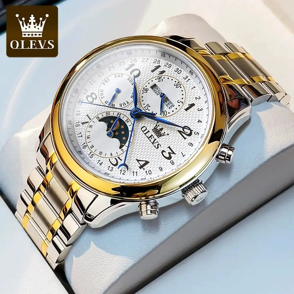 OLEVS men's luxury automatic watch with two-tone gold-silver stainless steel bracelet and white moonphase dial
