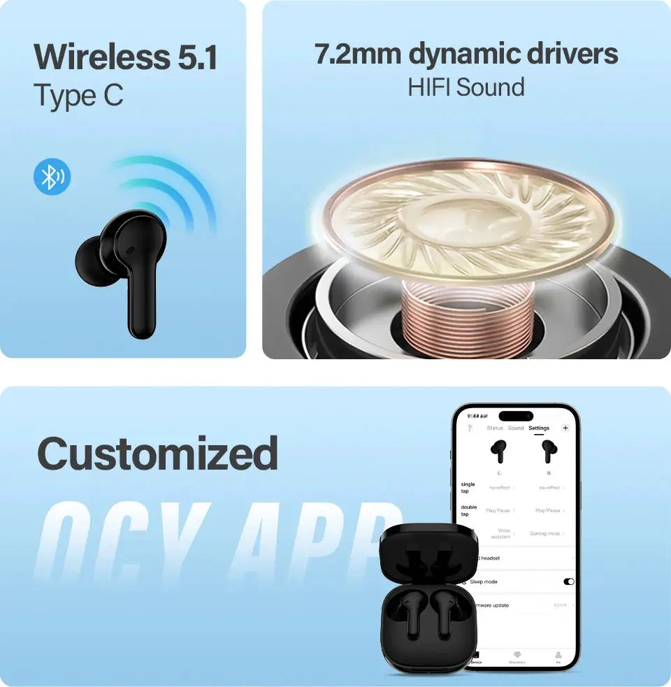 QCY T13 wireless earbuds with Bluetooth 5.1 and charging case, shown with app customization by Simples Market