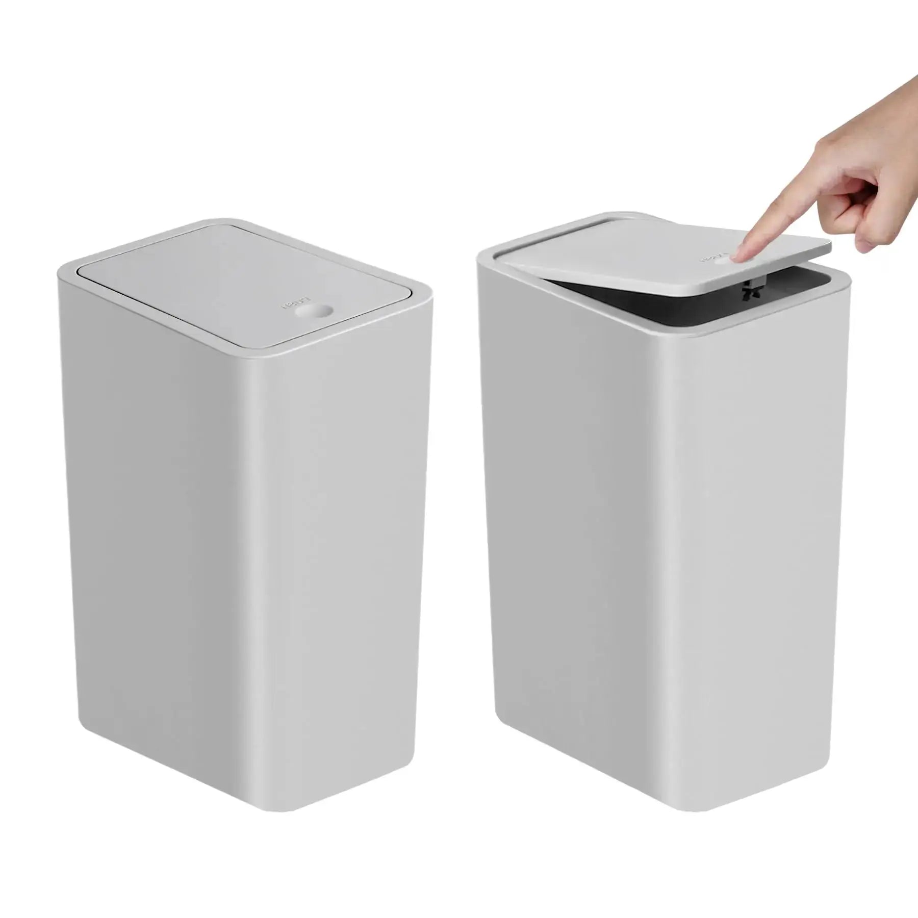 Bathroom trash cans, Simples Market 10L gray plastic with press-top lids; two shown.