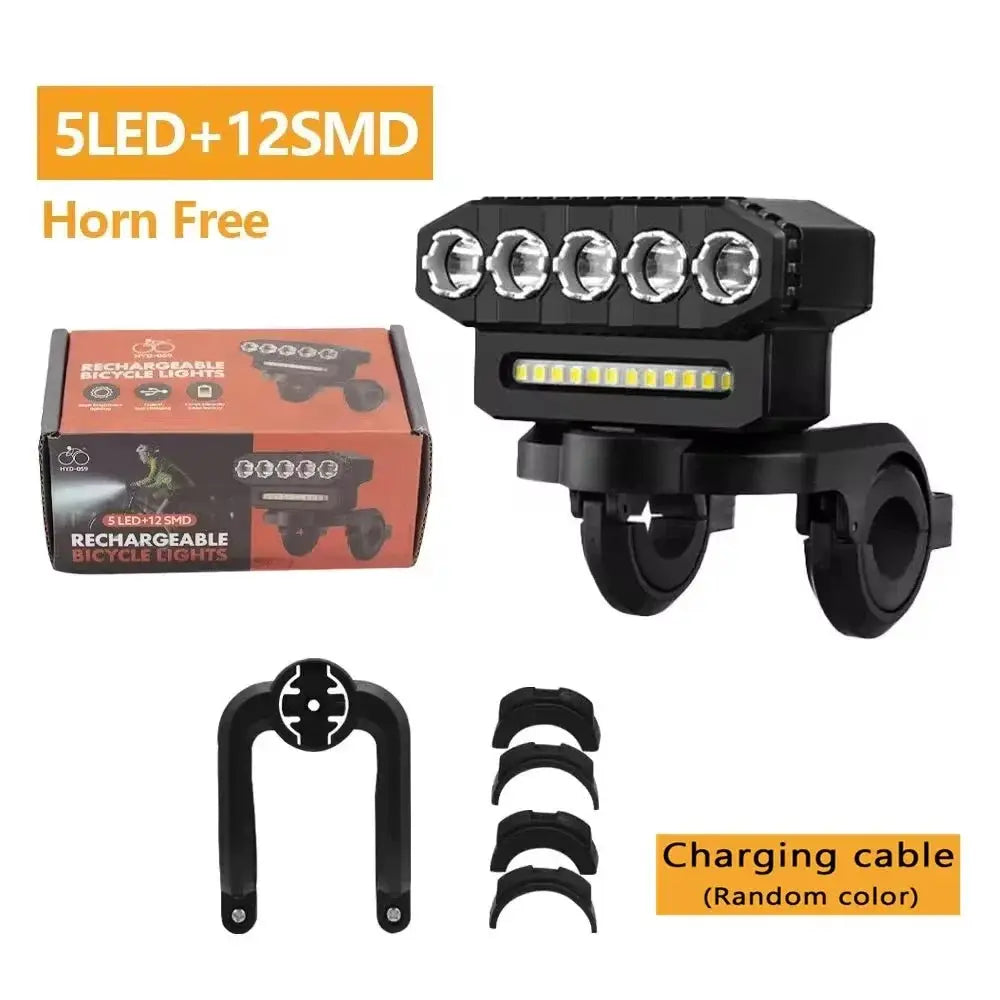 USB Rechargeable Bike Front Light With 120dB Horn Waterproof 6 Lighting Modes Bicycle Bell Easy To Install