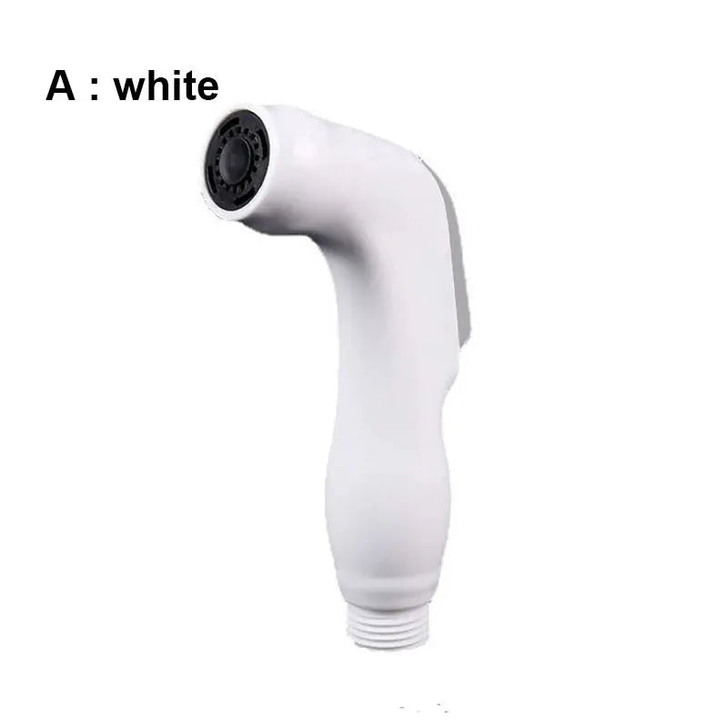 Handheld bidet spray head, white ABS plastic with black nozzle.