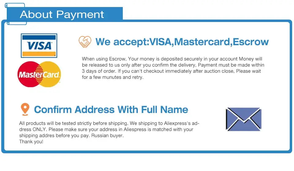 About Payment banner showing Visa and Mastercard logos and escrow text with an envelope icon.