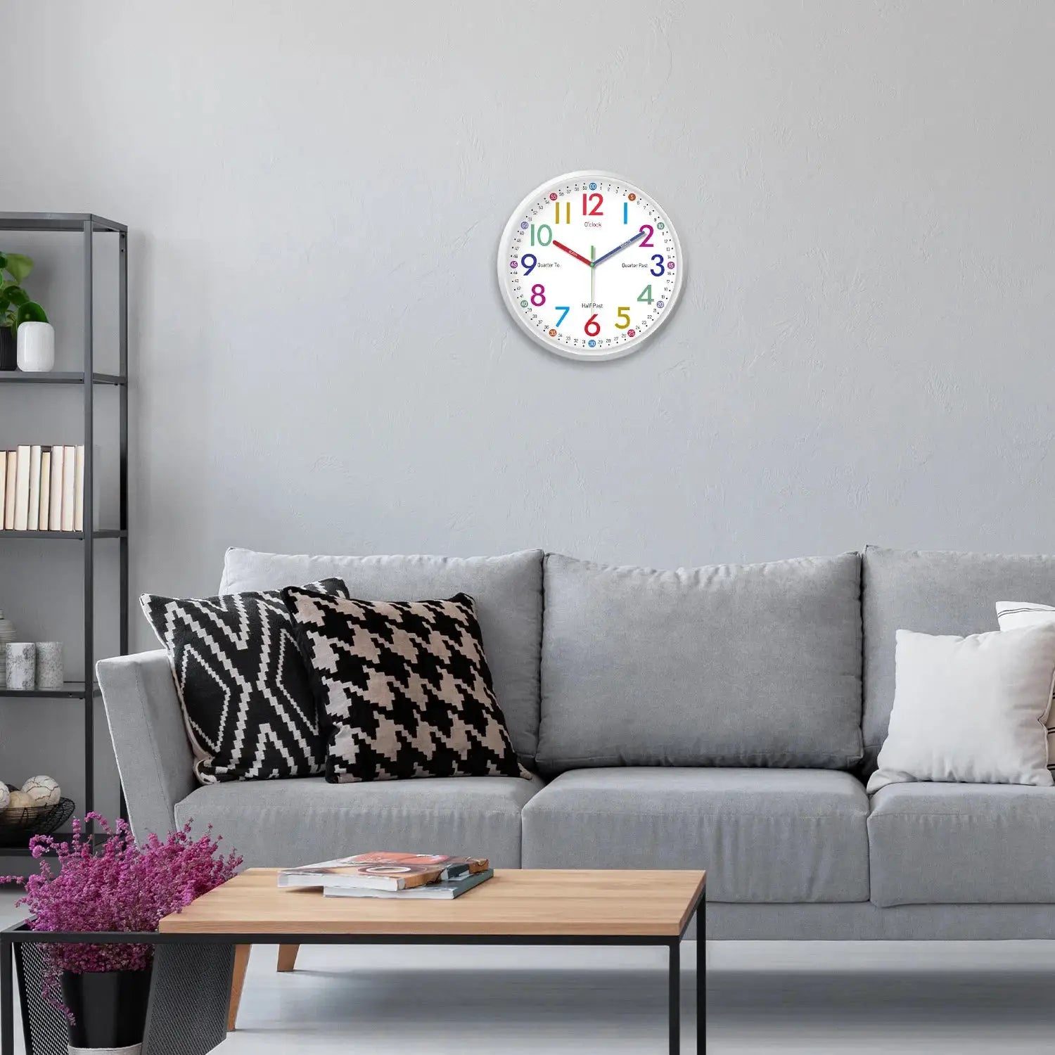 8-inch Simples Market wall clock with plastic frame and glass face, modern minimalist, colorful numerals on a gray wall