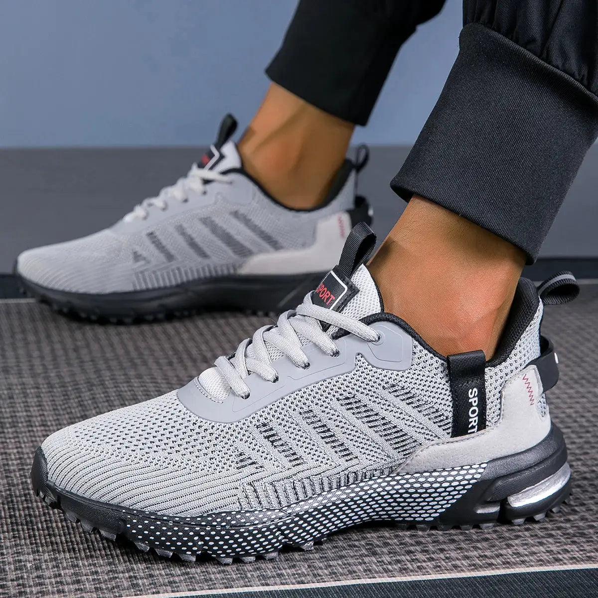 Simples Market men's running shoes, lightweight breathable grey knit sneakers with lace-up, non-slip sole.