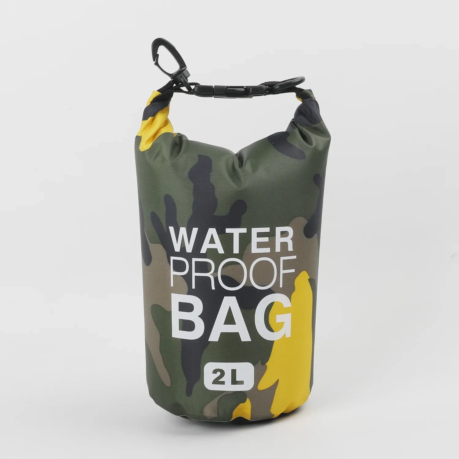 Simples Market waterproof dry bag in camouflage print, 2L capacity, rolled top with buckle and attached carabiner.