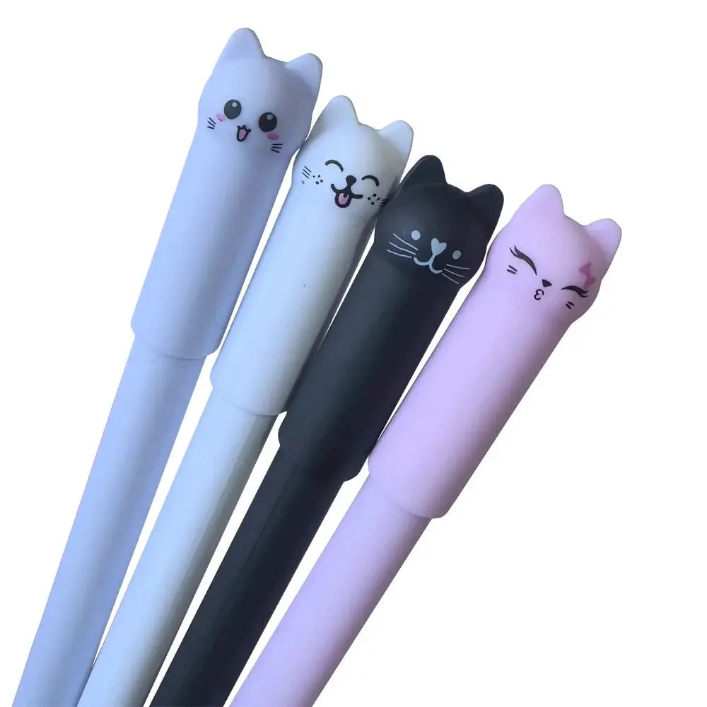 Cat-shaped erasable gel pens set, 4 pcs with 0.5mm tips in pastel blue, white, black, lavender