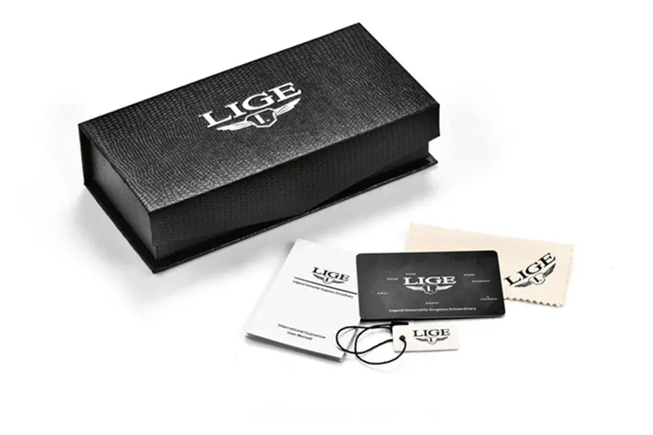 LIGE women's steel bracelet watch set in a black presentation box with manuals and warranty card kit