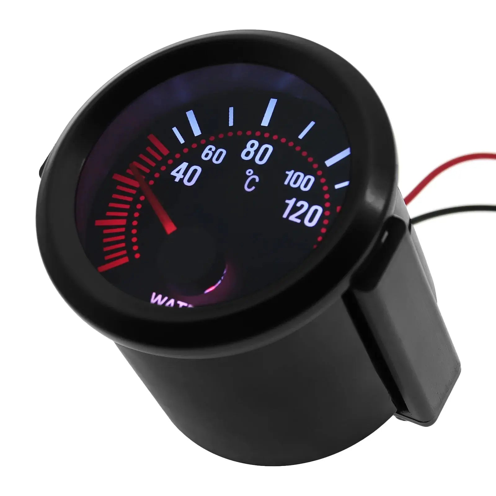 52mm black automotive gauge for petrol cars; blue backlit dial with temperature scale up to 120°C and red needle