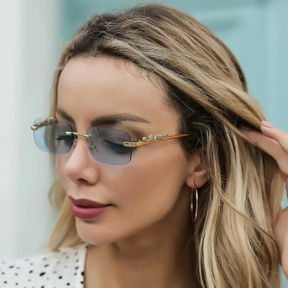 EliteLux Rimless Leopard Head Design Sunglasses Unisex Square Frame With UV Protection For Travel