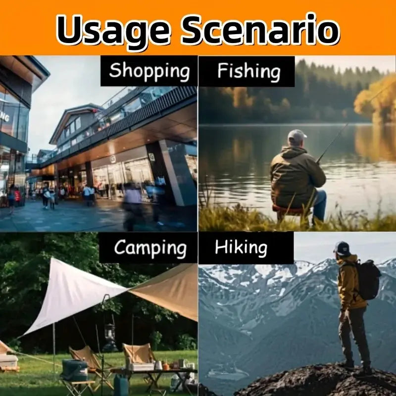 2-in-1 folding cane and chair by Simples Market; usage collage showing camping, hiking, fishing, and shopping scenes.