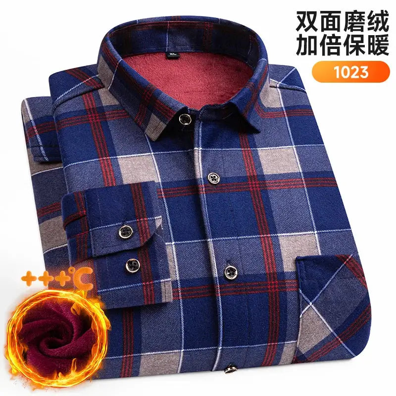 Men's long-sleeve blue plaid fleece shirt, thickened warm double-sided, Simples Market plus size 7XL-8XL