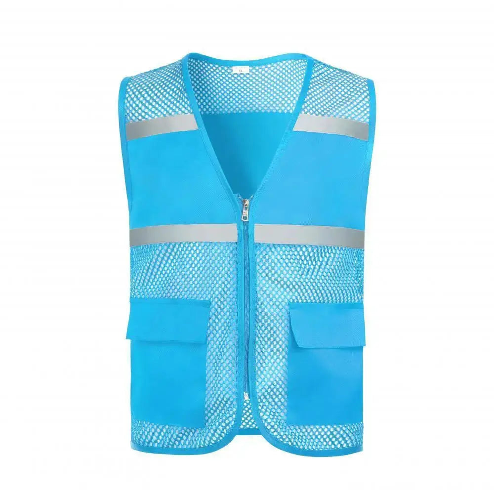 Simples Market blue volunteer fishing safety vest, sleeveless mesh with reflective stripes and front pockets.