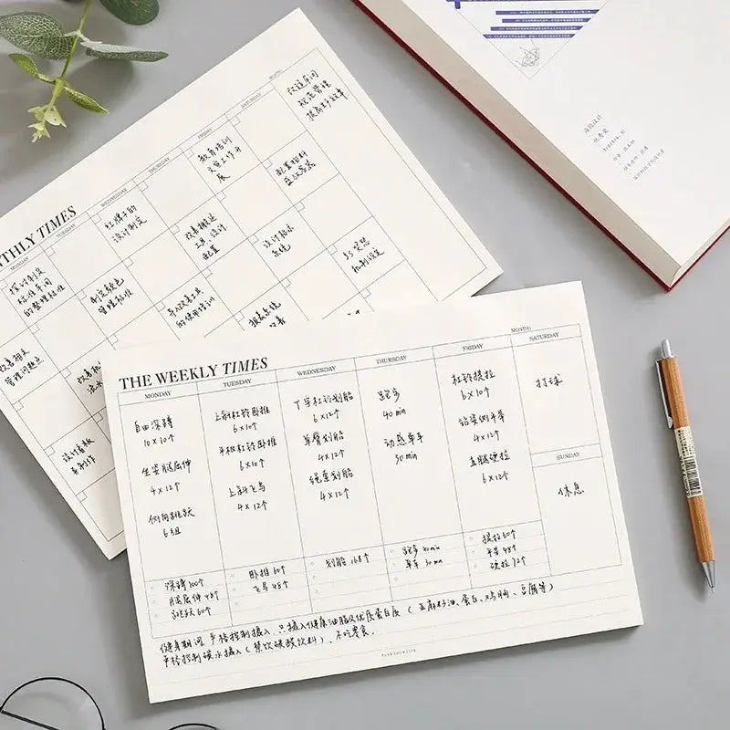 Weekly planner notebook by Simples Market, white pages with a grid calendar layout, two pages shown