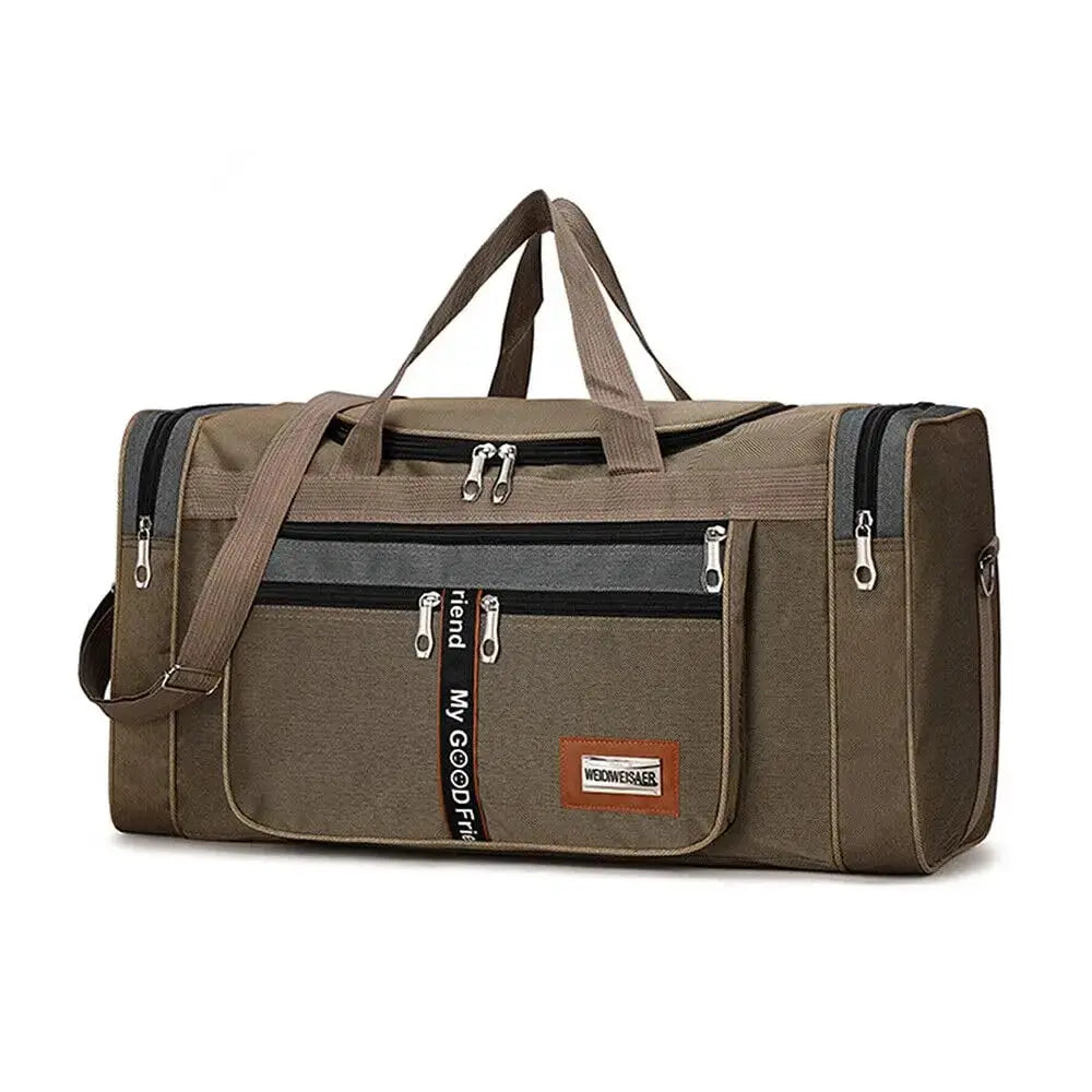 Simples Market gym duffle bag, brown, 60L/28in, large waterproof travel weekender.