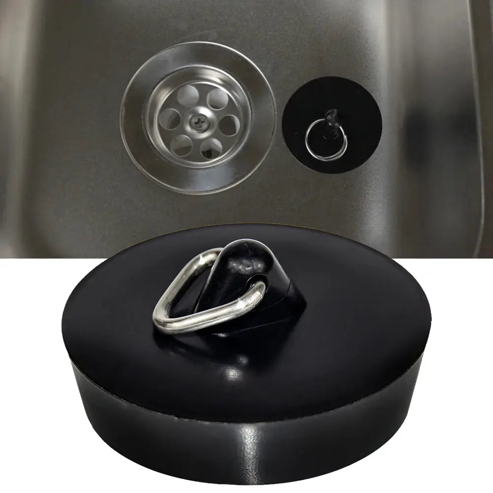 Rubber drain stopper with metal ring handle; black kitchen sink plug, Simples Market