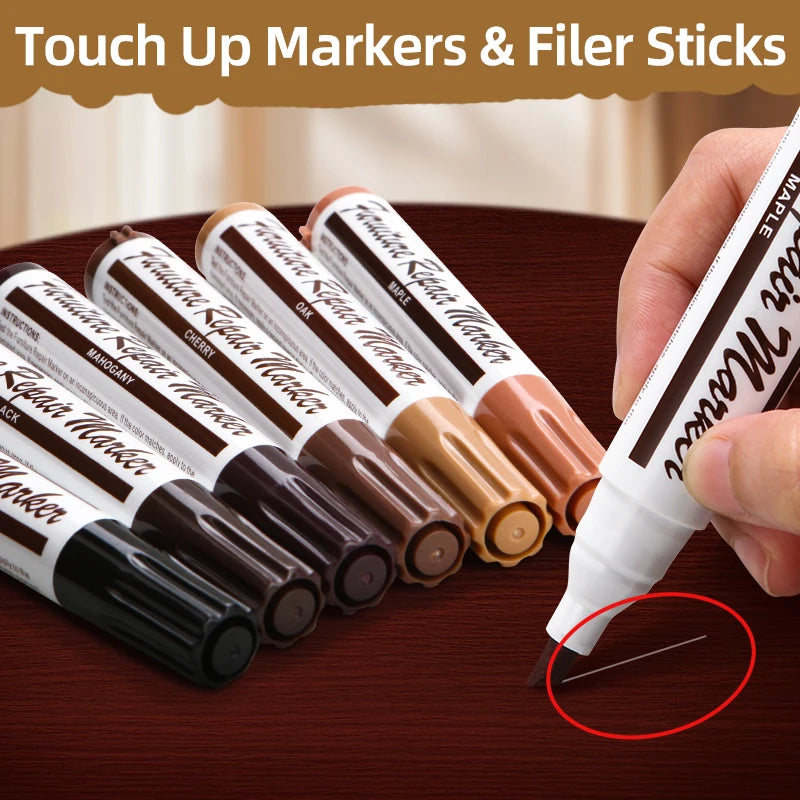 13pc furniture markers set; waterproof wood repair pens in oak and maple tones for scratches on floors, tables, desks.
