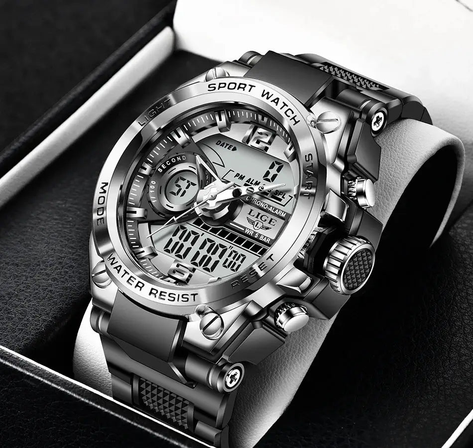 LIGE men's military sport watch with stainless steel bracelet, digital display and analog hands, 50m water resistant