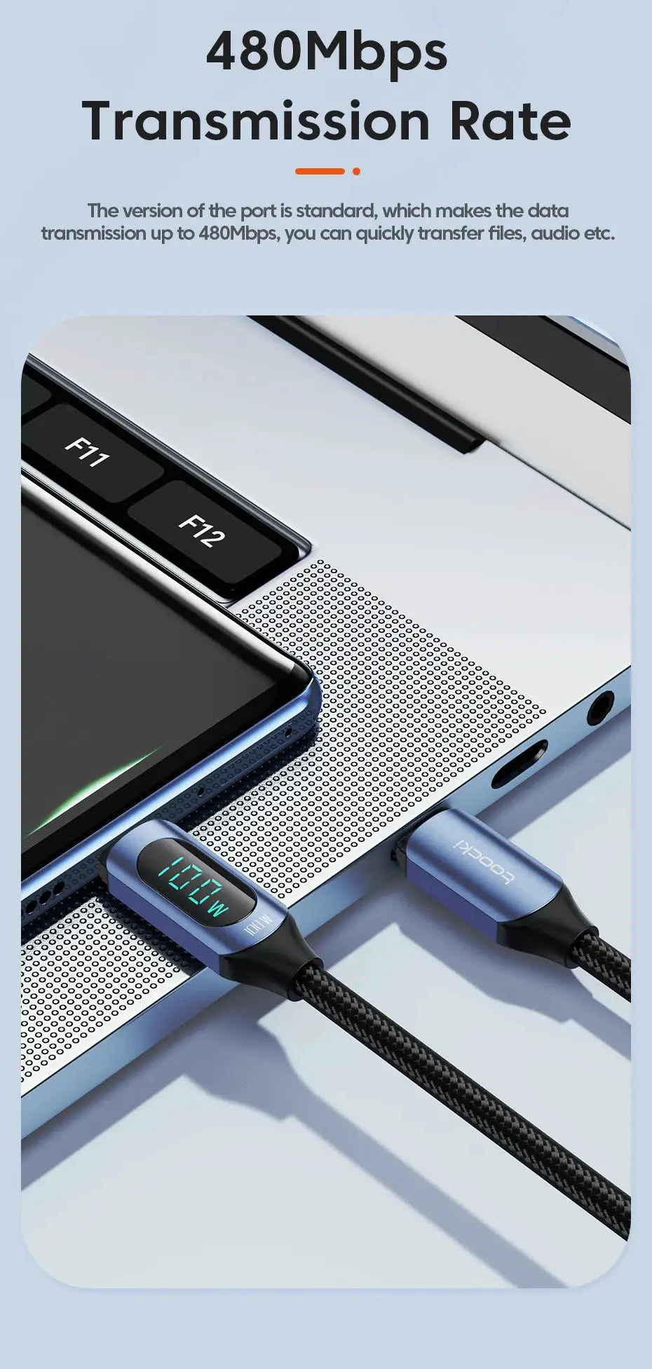 Toocki Type C to Type C Cable, 100W PD fast charging, braided black with blue connectors, Simples Market
