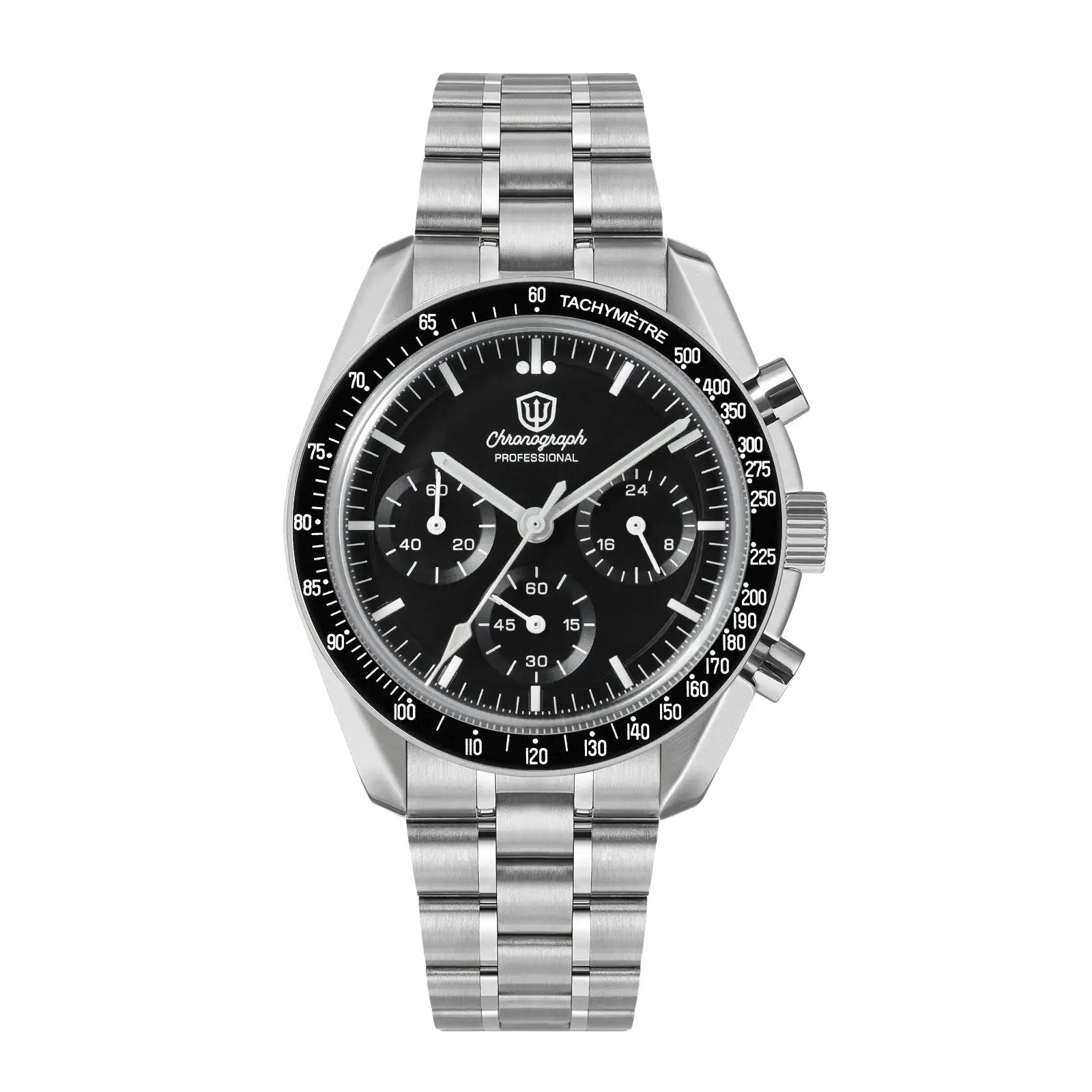 Watchdives WD1863 stainless steel chronograph watch with black dial and tachymeter bezel