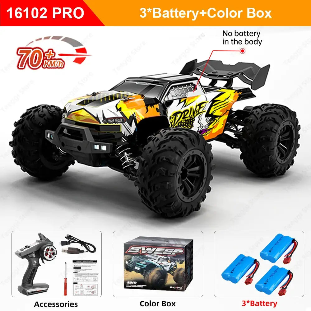 Teeggi 16101/16102 PRO 1:16 RC car, 4WD off-road monster truck with LED lights; includes remote, color box, 3 batteries