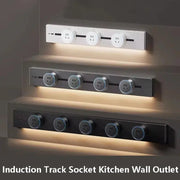 Simples Market embedded track socket kitchen wall outlet; three-row white, silver, and black rails with outlets