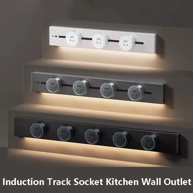 Simples Market embedded track socket kitchen wall outlet; three-row white, silver, and black rails with outlets