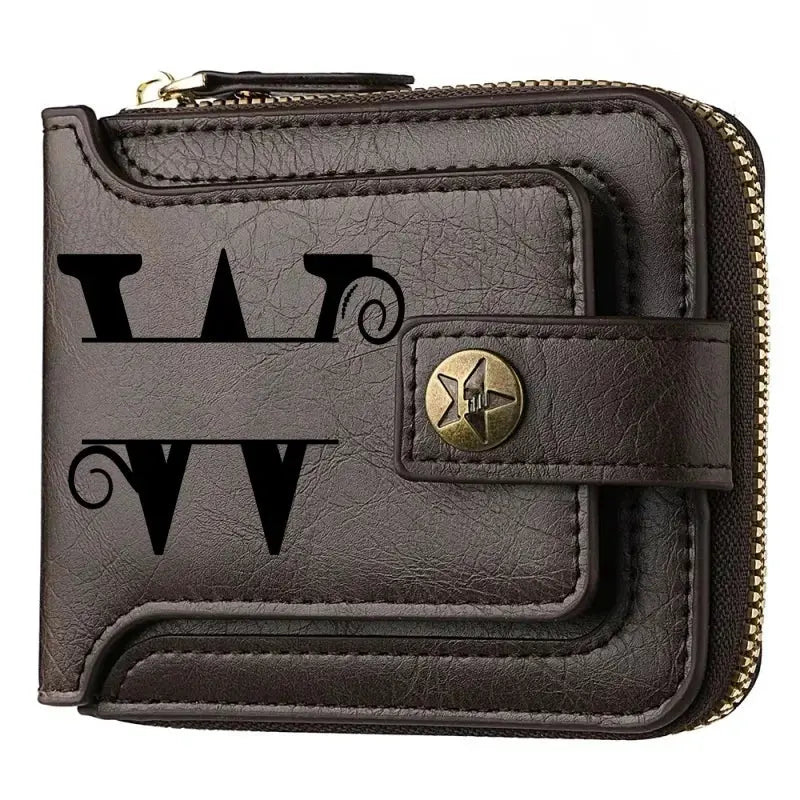 Personalized PU leather chain short wallet for men, brown bifold with snap strap and zipper closure