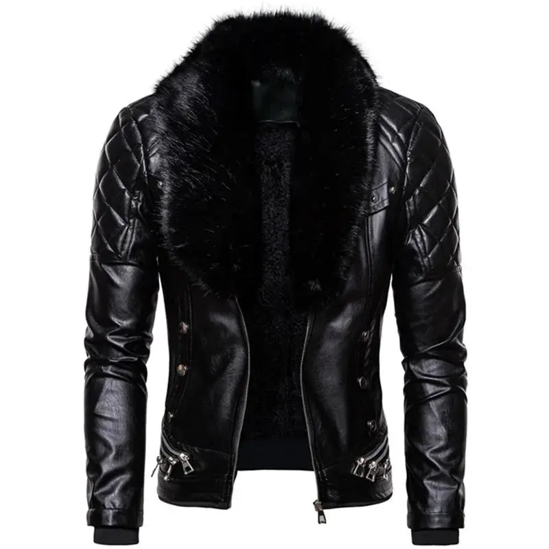 Men's black PU leather bomber jacket with fur collar, slim fit, zip pockets